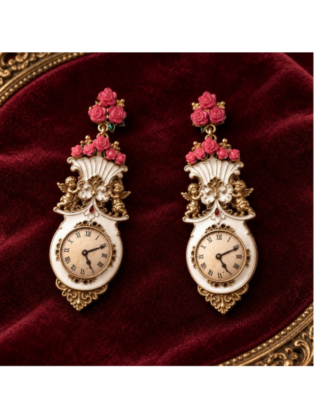 Antique VTG Clock Angel Rose Earrings Flower Cherub Gold Baroque Museum Scroll